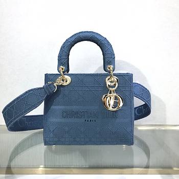 DIOR MEDIUM LADY D-LITE BAG DENIM BLUE M0565 SIZE 24 x 20 x 11 CM