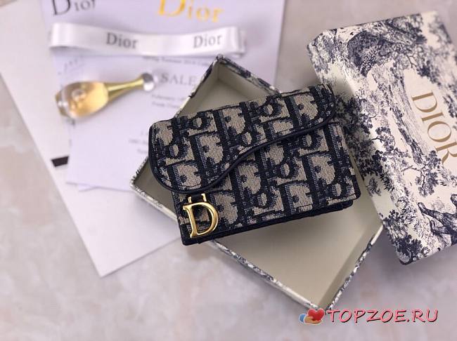  DIOR SADDLE FLAP CARD HOLDER BLUE OBLIQUE JACQUARD S5611 SIZE 10.5 CM - 1