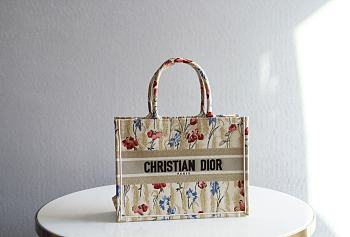 DIOR SMALL BOOK TOTE FLOWER IN BEIGE EMBROIDERY M1296 SIZE 36.5 CM