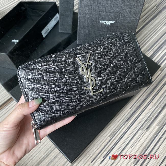 YSL MONOGRAM ZIP AROUND WALLET BLACK & SILVER-TONE METAL 358094 SIZE 19 CM - 1