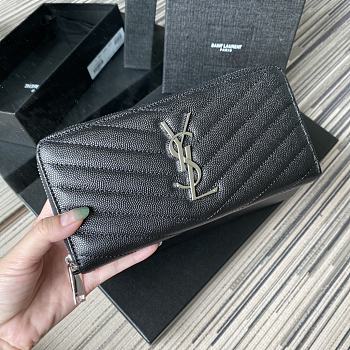 YSL MONOGRAM ZIP AROUND WALLET BLACK & SILVER-TONE METAL 358094 SIZE 19 CM