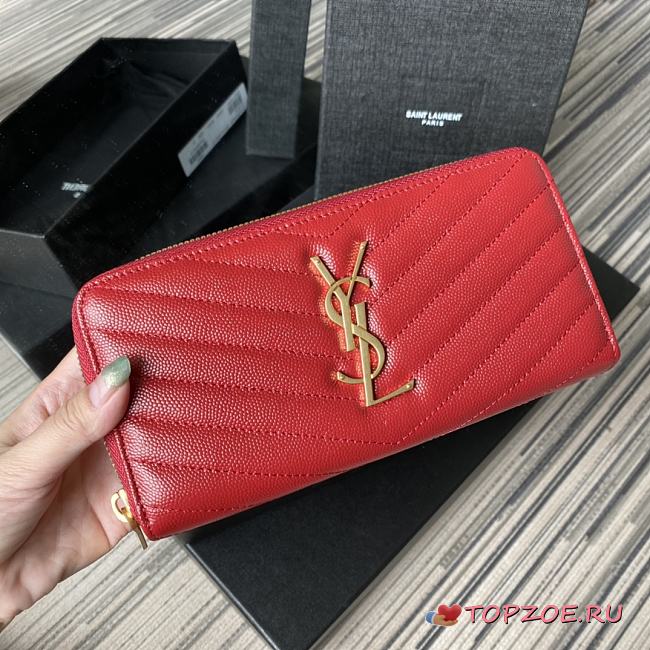 YSL MONOGRAM ZIP AROUND WALLET RED & GOLD-TONE METAL 358094 SIZE 19 CM - 1