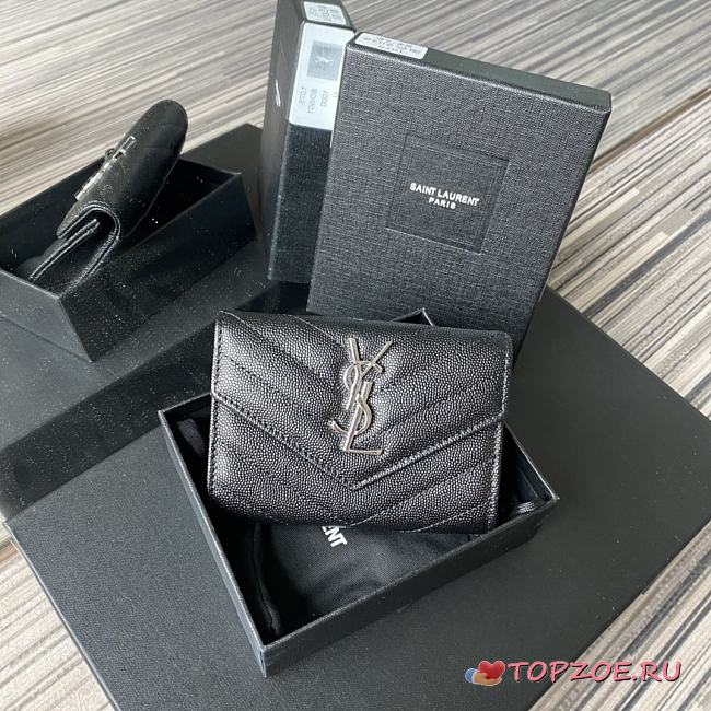 YSL MONOGRAM SMALL WALLET BLACK & SILVER-TONE METAL 414404 SIZE 13.5 CM - 1
