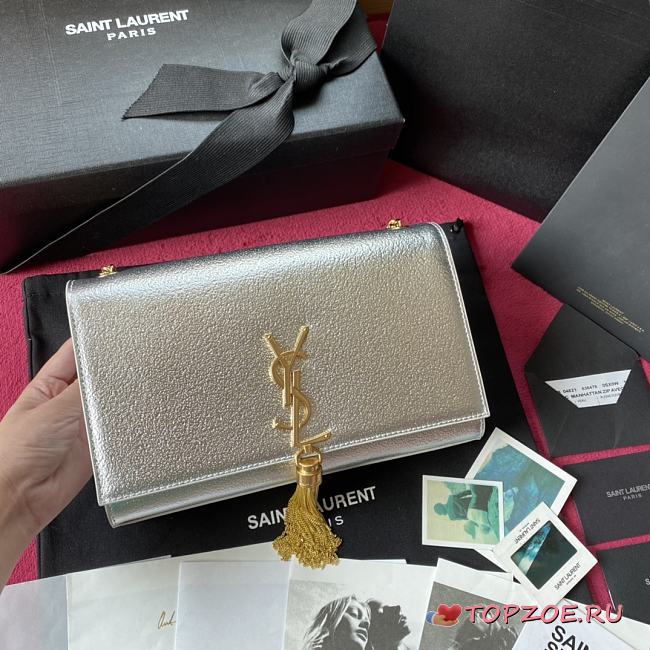 YSL KATE SMALL CLUTCH BAG WITH TASSEL SILVER 326076 SIZE 24 CM - 1