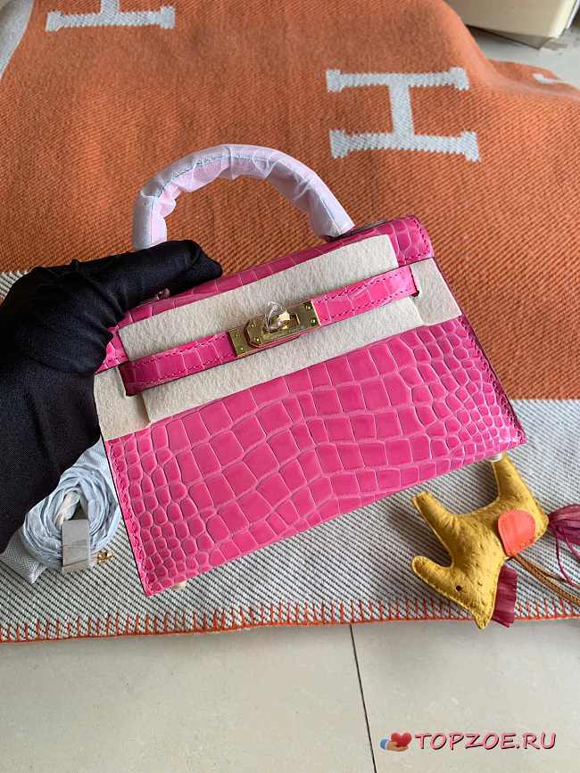 HERMES MINI KELLY CROCODILE GOLD HARDWARE NEON PINK 19 CM - 1
