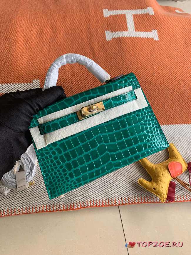 HERMES MINI KELLY CROCODILE GOLD HARDWARE TEAL 19 CM - 1