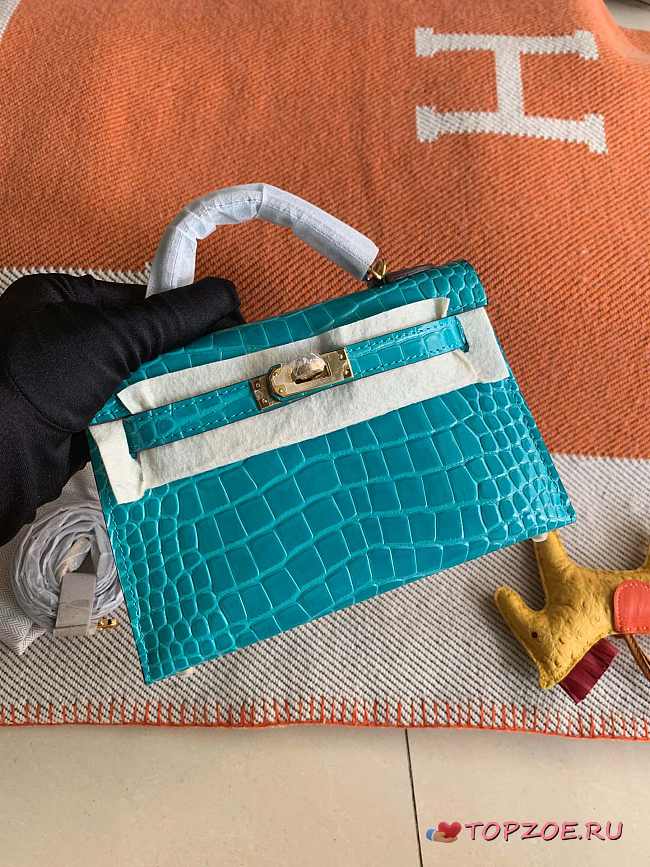 HERMES MINI KELLY CROCODILE GOLD HARDWARE BLUE 19 CM - 1