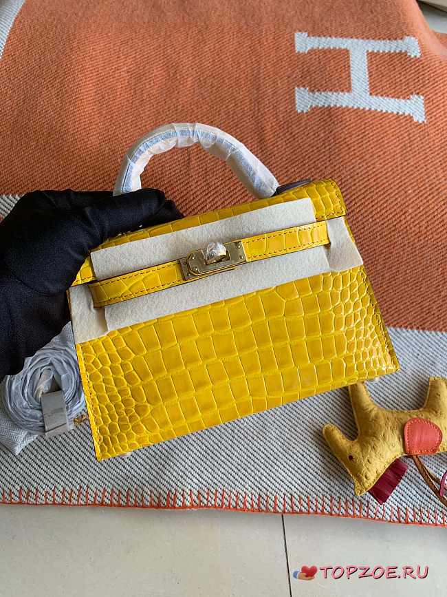 HERMES MINI KELLY CROCODILE GOLD HARDWARE YELLOW 19 CM - 1