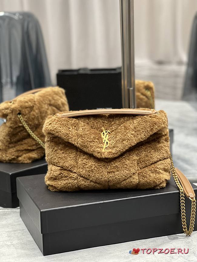 YSL Loulou Puffer Small Shearling Brown Bag 577476 Size 29×17×11cm - 1