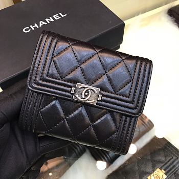 Chanel Boy Black & Silver-tone Metal Wallet A80734 Size 11.5 cm