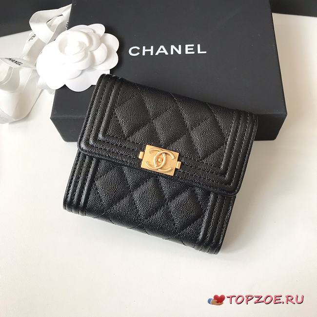 Chanel Boy Black Grain Leather & Gold-tone Metal Wallet A80734 Size 11.5 cm - 1