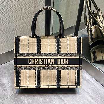 Dior Book Tote Black and Beige Bayadère Embroidery M1296 Size 36 cm