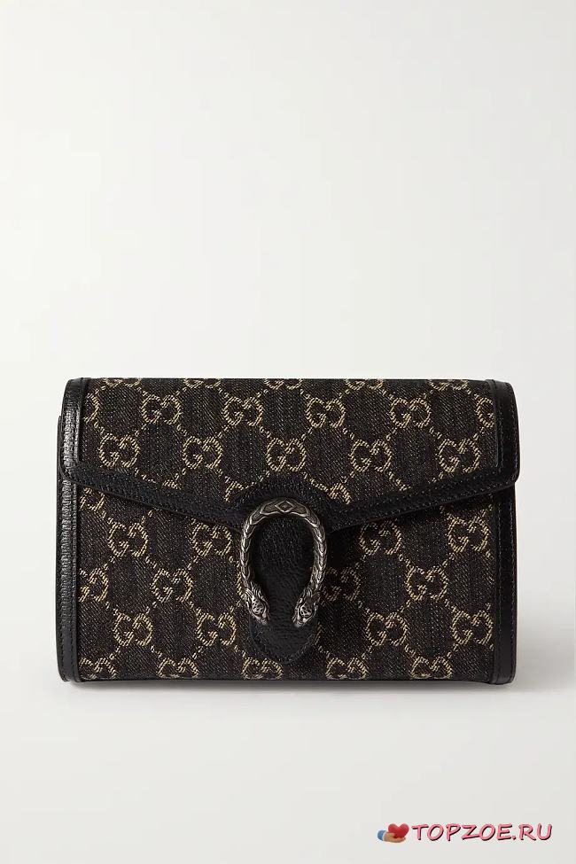 GUCCI Dionysus leather-trimmed denim-jacquard SHOULDERBAG BLACK 20CM - 1