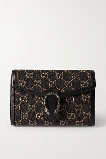 GUCCI Dionysus leather-trimmed denim-jacquard SHOULDERBAG BLACK 20CM