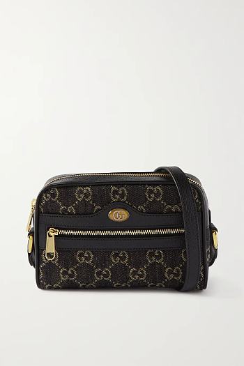 GUCCI Ophidia small leather-trimmed denim-jacquard camera bag 18CM