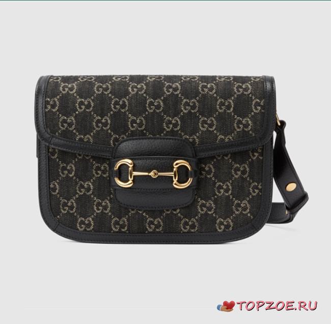 GUCCI Horsebit  leather-trimmed denim-jacquard SHOULDERBAG BLACK 27CM - 1