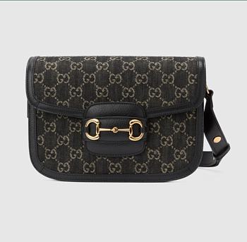GUCCI Horsebit  leather-trimmed denim-jacquard SHOULDERBAG BLACK 27CM
