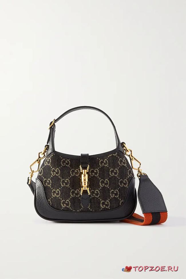 GUCCI Jackie 1961 mini leather-trimmed denim-jacquard shoulder bag 19CM - 1