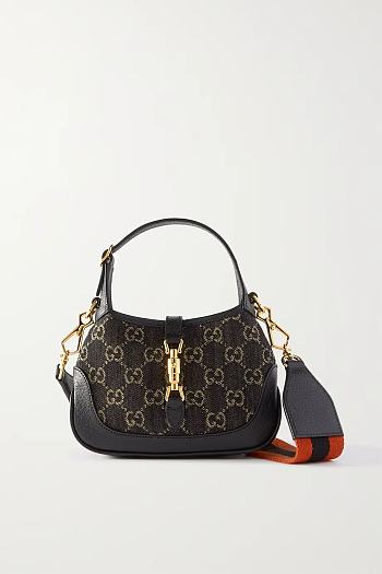GUCCI Jackie 1961 mini leather-trimmed denim-jacquard shoulder bag 19CM