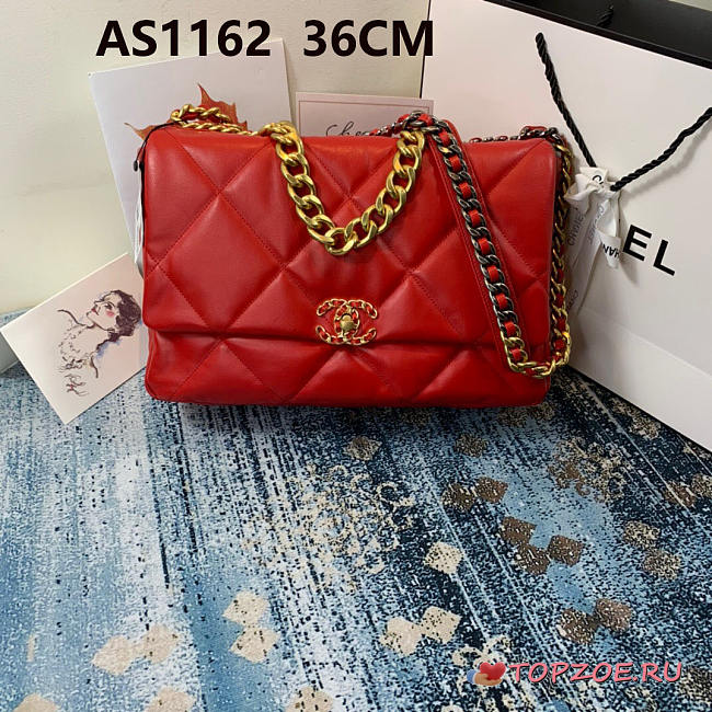 Chanel 19 LARGE Bag Lambskin RED 36CM - 1