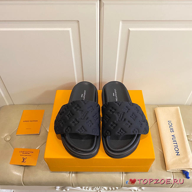 LV Monogram Open Toe Casual Style Mules Logo Sandals Black - 1