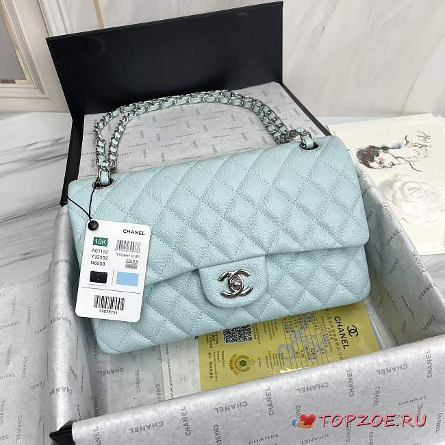 Caviar Quilted Medium Double Flap Light Blue - 1