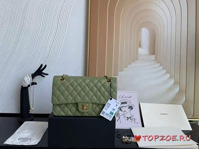 Chanel Classic Olive Green Caviar Leather Gold Chain Bag - 1