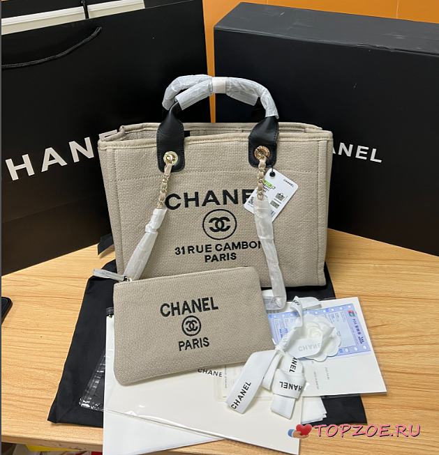 CHANEL Mixed Fibers Small Deauville Tote Beige Black - 1