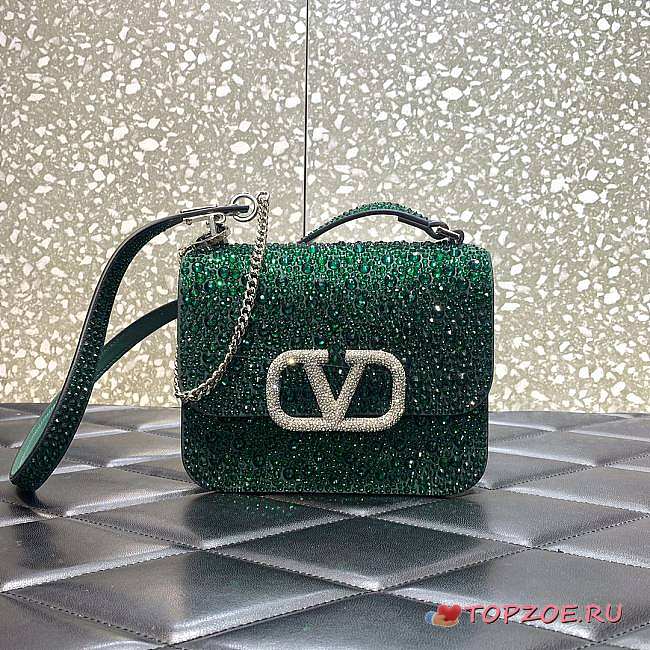 Valentino Small Vsling Shiny Calfskin Shoulder Bag With Crystal Embellishments Green - 1