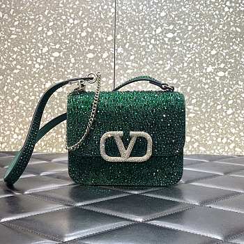 Valentino Small Vsling Shiny Calfskin Shoulder Bag With Crystal Embellishments Green