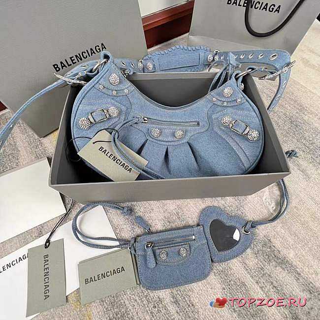 BALENCIAGA SMALL LE CAGOLE DENIM SHOULDER BAG - 1