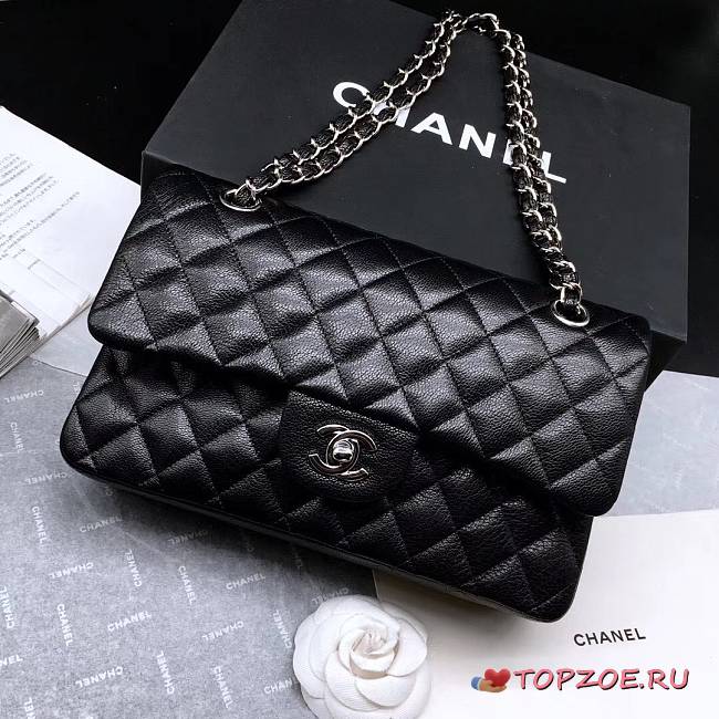 CHANEL Caviar Quilted Medium Double Flap Silver-tone Bag Black - 1