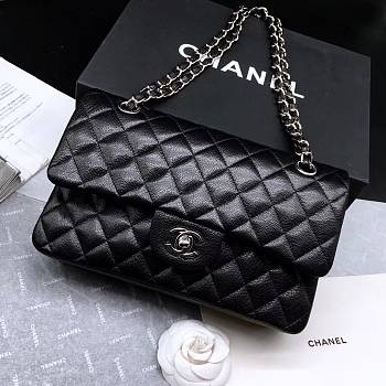 CHANEL Caviar Quilted Medium Double Flap Silver-tone Bag Black