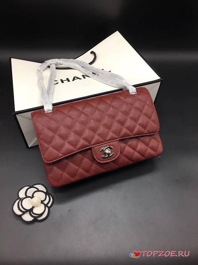 CHANEL Caviar Quilted Medium Double Flap Silver-tone Bag Red - 1