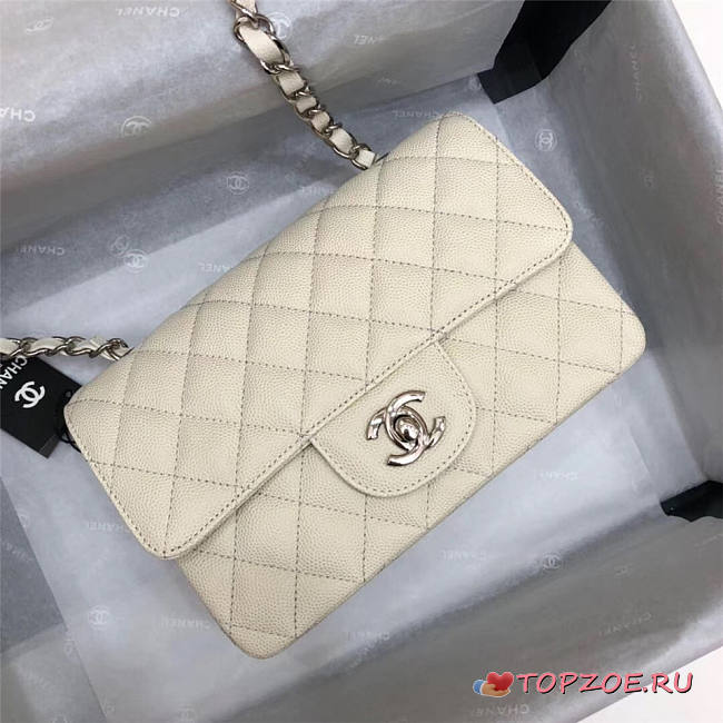 CHANEL Caviar Quilted Medium Double Flap Sliver-tone Bag White - 1