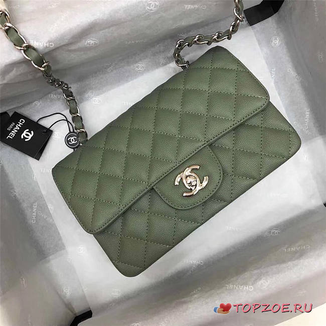 CHANEL Caviar Quilted Medium Double Flap Sliver-tone Bag Green - 1
