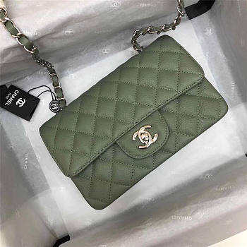 CHANEL Caviar Quilted Medium Double Flap Sliver-tone Bag Green
