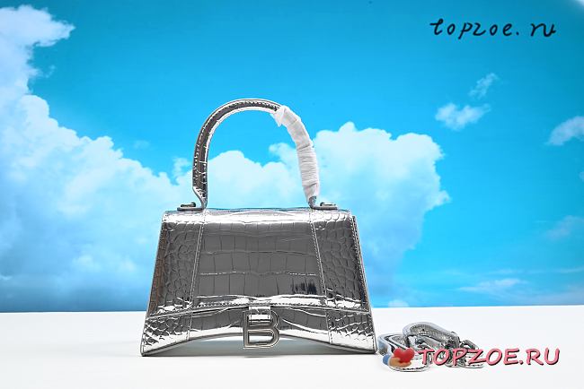 BALENCIAGA HOURGLASS SMALL TOP HANDLE BAG CROCODILE SILVER 5935461  23x10x14 CM - 1