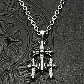 Cadena gruesa con cruz HL77B20, collar clásico de alta calidad con colgante de tres cruces incrustado de diamantes de Chrome Hearts.