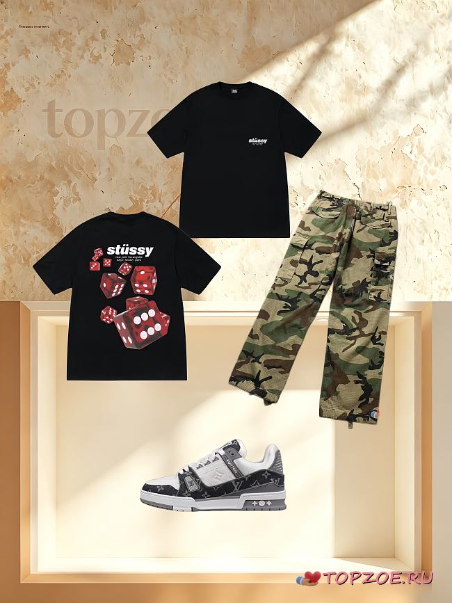 Camiseta de algodón STUSSY + Pantalones STUSSY + Zapatillas con monograma LV STUSSY cotton t-shirt + STUSSY TROUSERS + LV monogram sneakers - 1